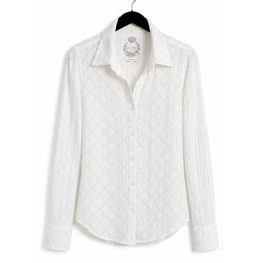 Cino Crinkle Cotton Button Up Shirt White Silver Metallic Size M Sundance Style